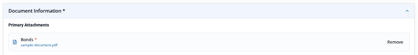 Primary Attachments row of a Bonds application after saving and reopening, showing the attached PDF filename and the Remove action