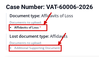 Affidavits of Loss required and Additional Supporting Document optional