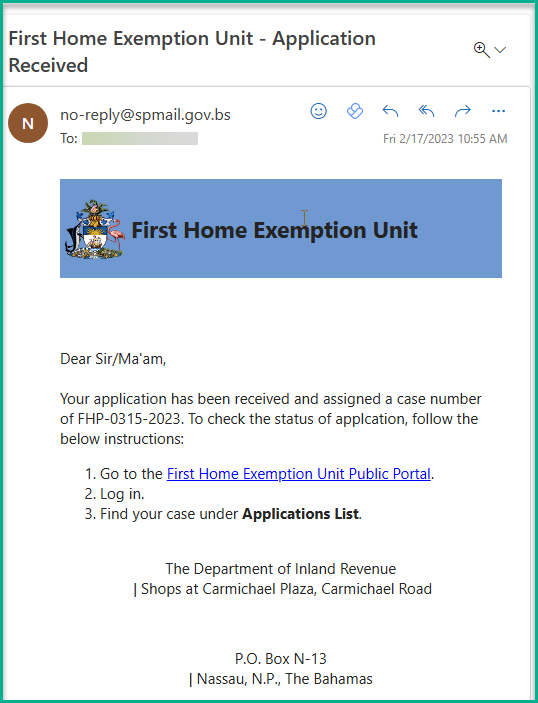 Confirmation email from First Home Exemption Unit showing the assigned case number and instructions to check status via the portal