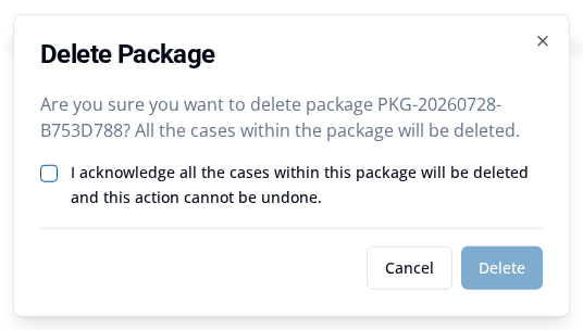 Delete Package confirmation warning that all cases within the package will be deleted, with the acknowledgement box unticked and the Delete button disabled