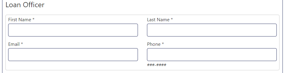 Loan Officer section with First Name, Last Name, Email, and Phone fields