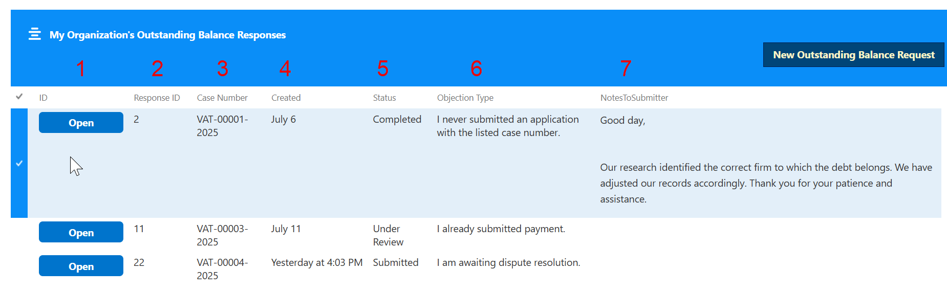 Outstanding Balance Responses list with response details