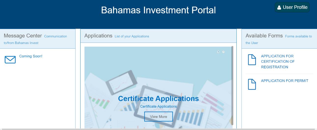 Bahamas Investment Portal showing Certificate Applications with View More button