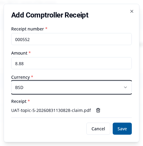 Add Comptroller Receipt with receipt 000552, an $8.88 amount, BSD, a PDF file, and Save