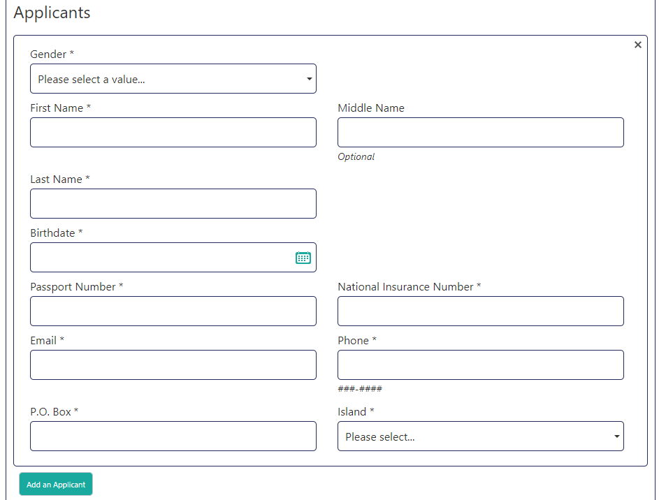 Applicants form with fields for Gender, First Name, Middle Name, Last Name, Birthdate, Passport Number, National Insurance Number, Email, Phone, P.O. Box, and Island