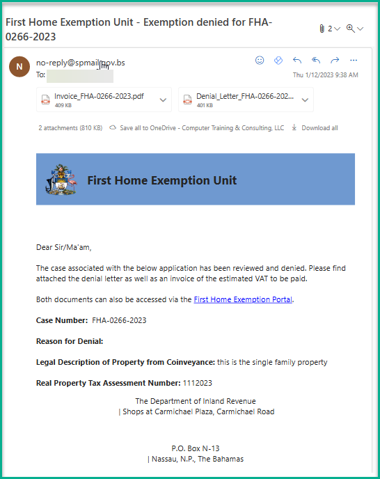 Denial email showing case number, reason for denial, legal description of property, and attached denial letter and invoice