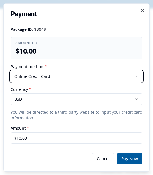 Payment window with Online Credit Card, BSD, a $10.00 amount, the third-party website notice, and Pay Now
