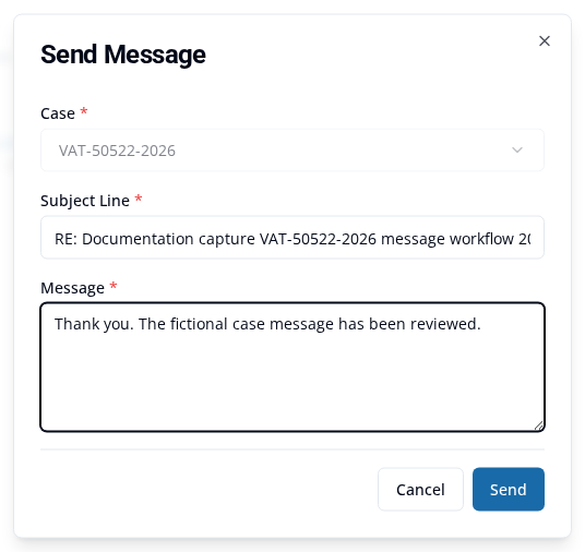 Send Message reply form showing a fixed case, RE subject, completed Message field, and Send