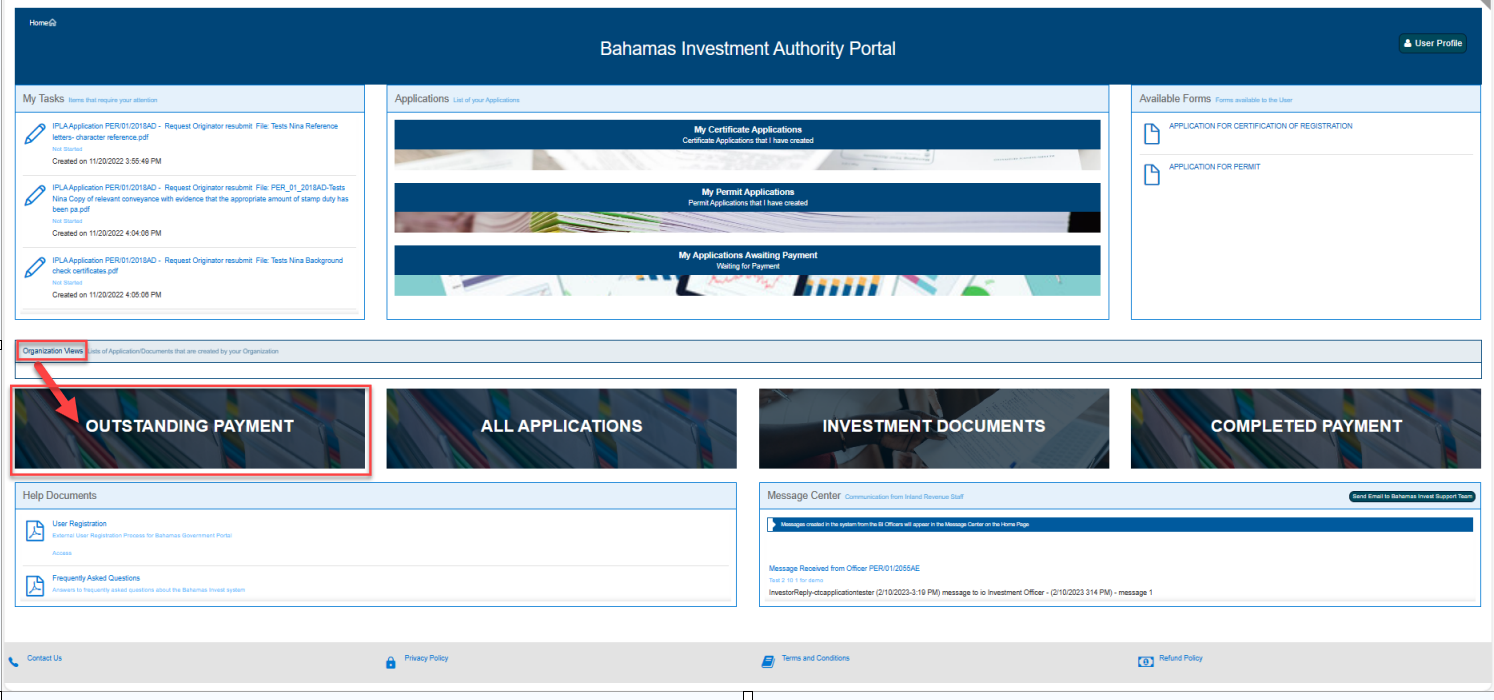 Organization portal showing Outstanding Payment panel