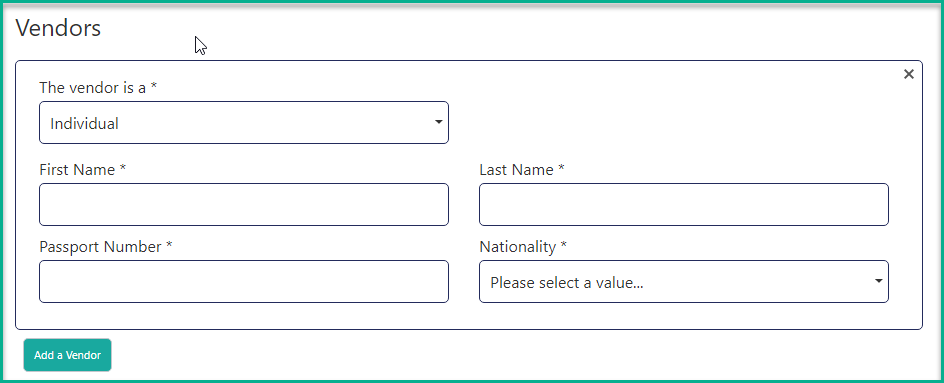 Vendors section showing vendor type dropdown, name fields, passport number, and nationality