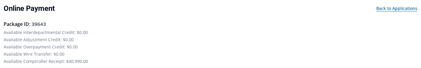 Online Payment for package 39643 showing the reduced Available Comptroller Receipt balance of $40,990.00