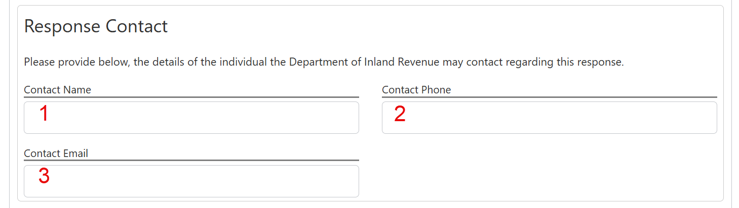 Response Contact section with Name, Phone, and Email fields