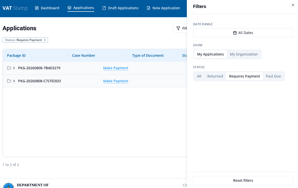 Applications Filters panel with All Dates, ownership and status choices, and Requires Payment selected