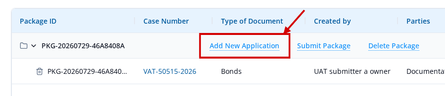 Draft package row with the Add New Application action highlighted