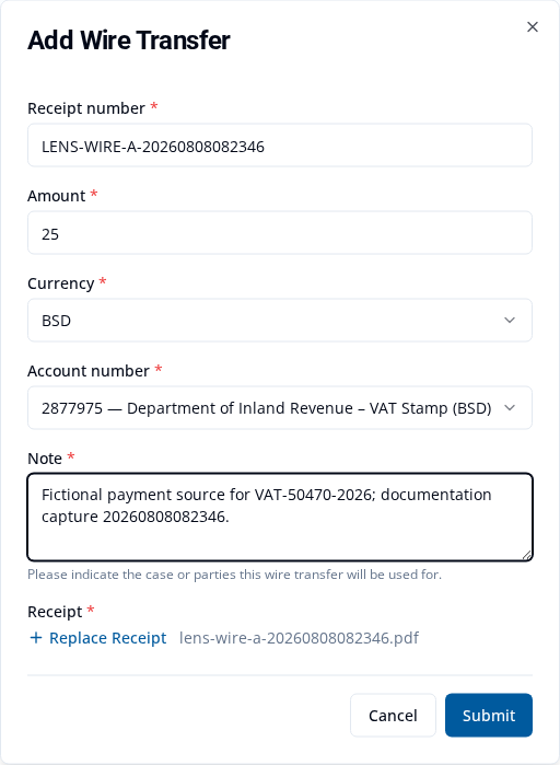 Add Wire Transfer form filled with receipt, amount, currency, account, note, and receipt PDF