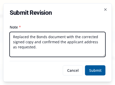 Submit Revision dialog with the required Note field holding a completed example note, and the Cancel and Submit actions