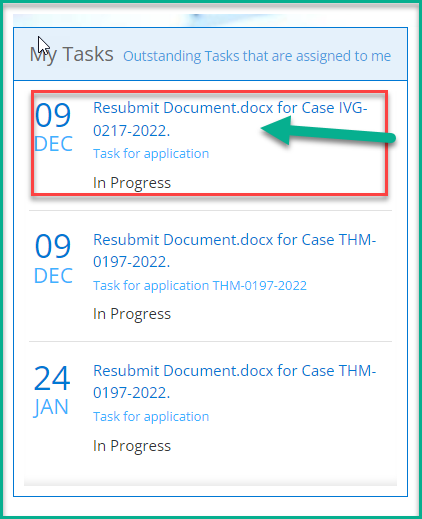 My Tasks pane showing outstanding tasks with case numbers and dates