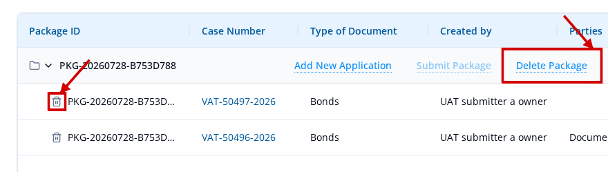 Expanded package in Draft Applications with Delete Package and the Draft row's Delete icon highlighted, beside a Ready To Submit application whose icon is not highlighted