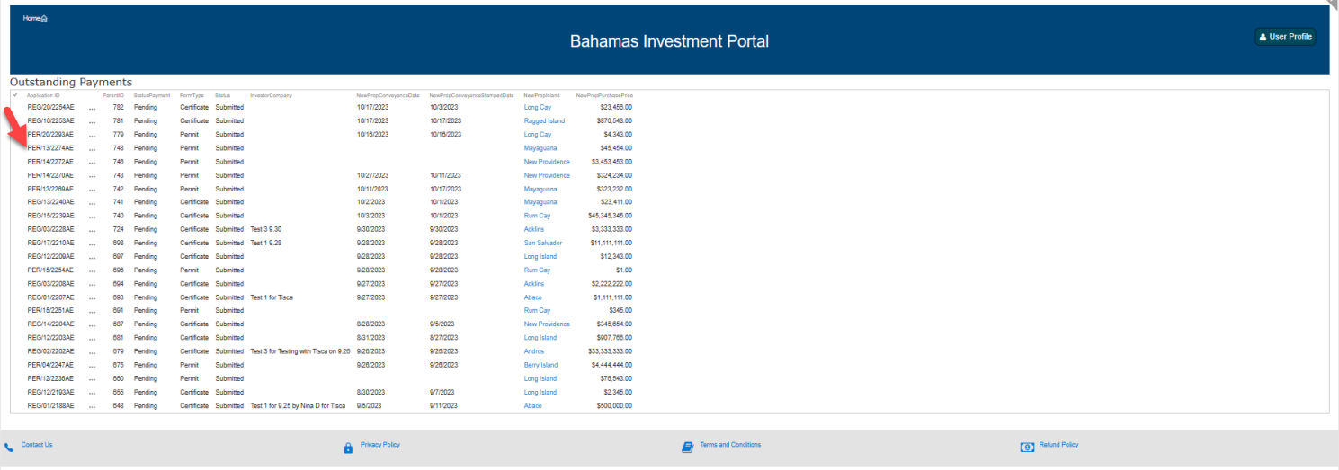 Outstanding Payments application list