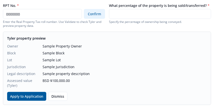 Tyler property preview for sample RPT 0000000 showing Owner, Block, Lot, Jurisdiction, Legal description, and Assessed value fields with fictional sample details