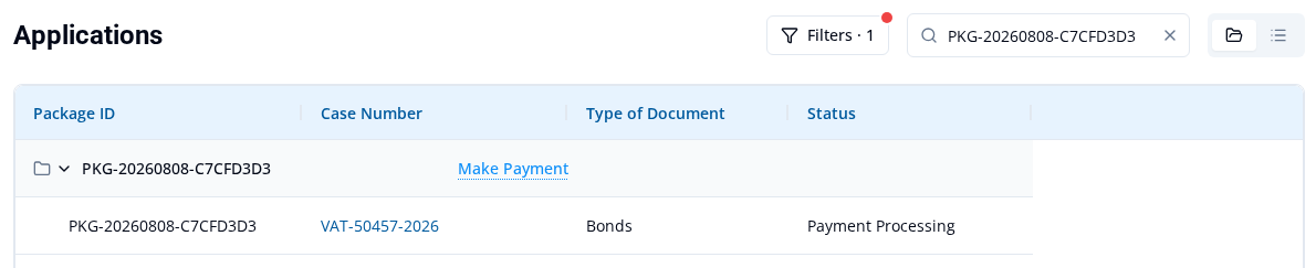 Package View with a package ID in Search applications, its matching package expanded, and the child case row