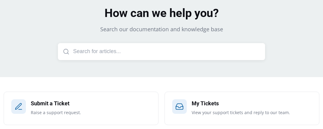 Help Centre page headed How can we help you with Submit a Ticket and My Tickets support cards
