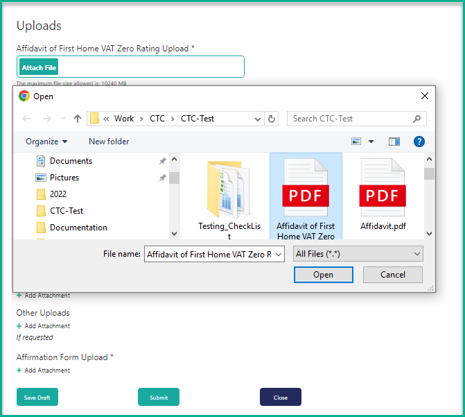 Uploads section showing the Attach File button, file browser dialog for selecting PDF documents, and Submit/Save Draft/Close buttons