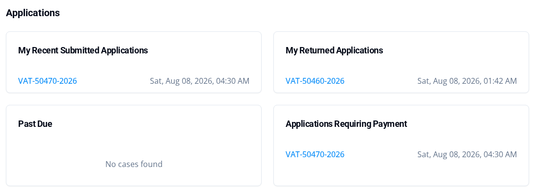 Applications area of the VAT Stamp Public dashboard with recent, returned, past-due, and payment-required shortcut cards