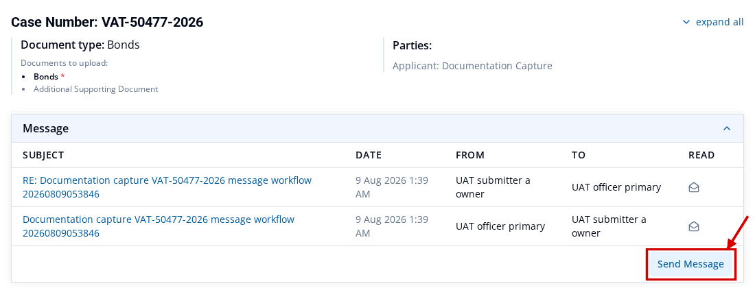 Opened Staff case with the Message section and Send Message action highlighted