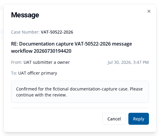 Opened case message showing case number, sender, recipient, subject, date, message body, and Reply
