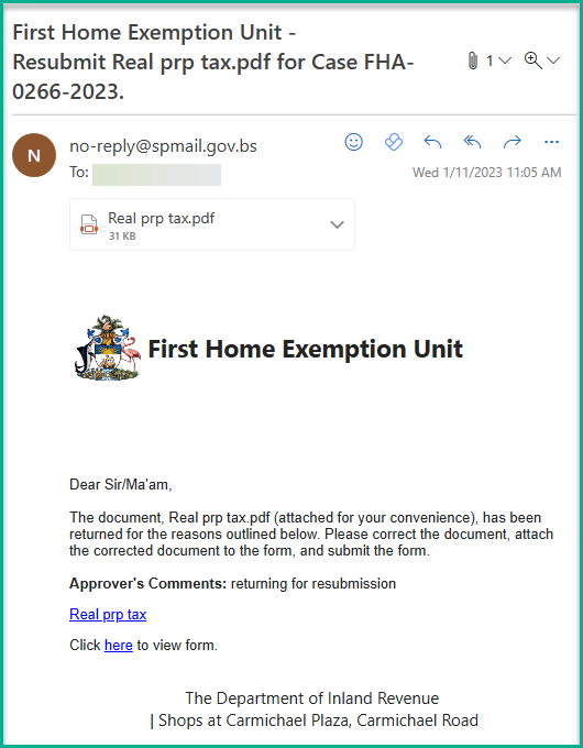 Email notification showing a returned document with approver comments explaining why the document was returned and instructions for resubmission