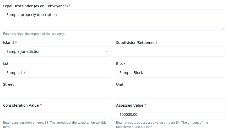 Applied fictional property fields showing Legal Description, Island, Lot, Block, and Assessed Value