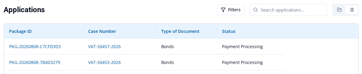 Case View with individual rows showing package ID, case number, document type, and status