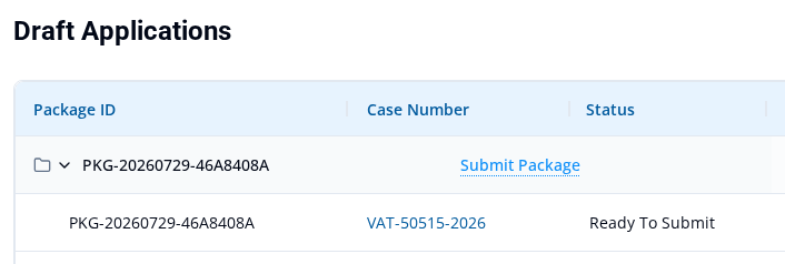 Draft Applications page showing a package whose application is Ready To Submit, with Submit Package available