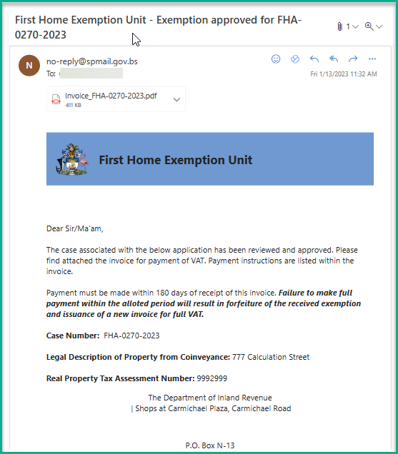 Approval email with invoice attached showing case number, legal description of property, Real Property Tax Assessment Number, and payment instructions