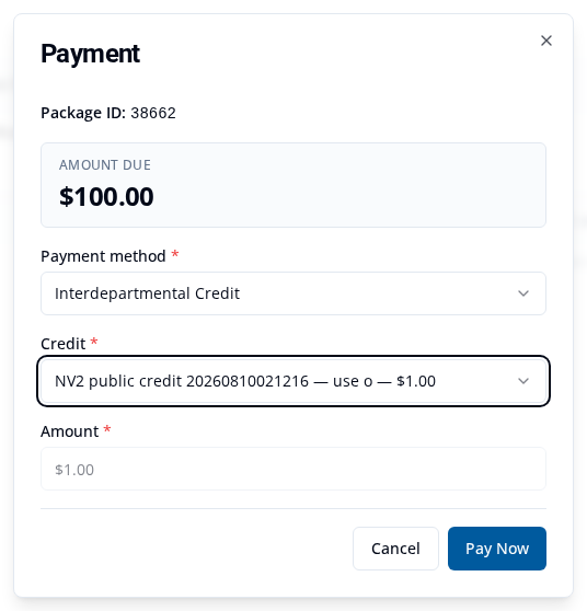 Payment dialog with $100.00 Amount Due, Interdepartmental Credit selected, the intended credit chosen, an automatic $1.00 Amount, and Pay Now