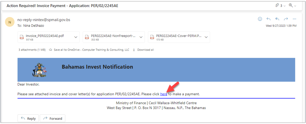 Bahamas Invest Notification email with payment link