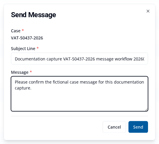 Send Message form opened from a case showing the fixed case, completed Subject Line and Message fields, and Send