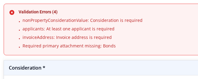 Validation Errors banner listing four blocking issues above the Consideration section of a Bonds application