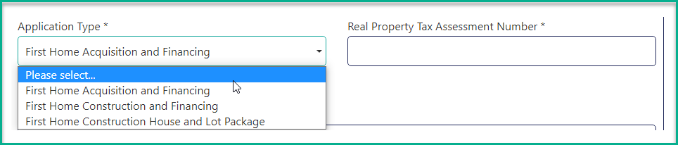 Application Type dropdown showing First Home Acquisition and Financing, Construction and Financing, and Construction House and Lot Package options