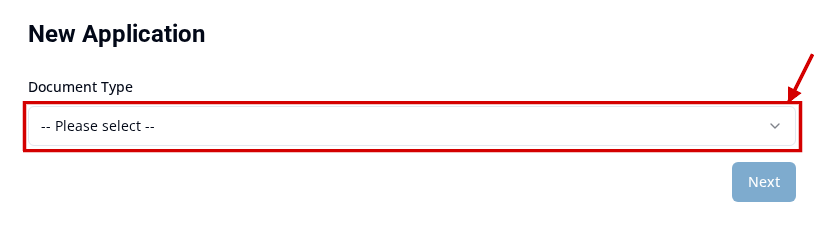 New Application page with the Document Type selector highlighted