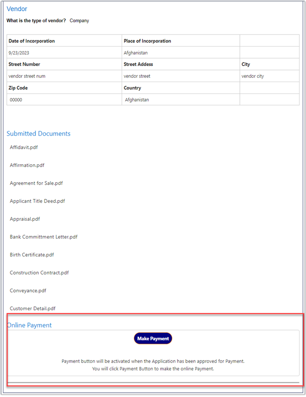 Application page with Online Payment section and Make Payment button