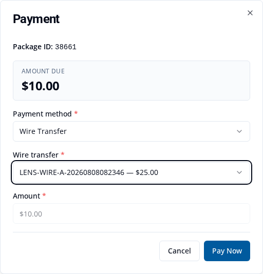 Payment window with Wire Transfer selected, an approved $25.00 transfer, a $10.00 amount, and Pay Now