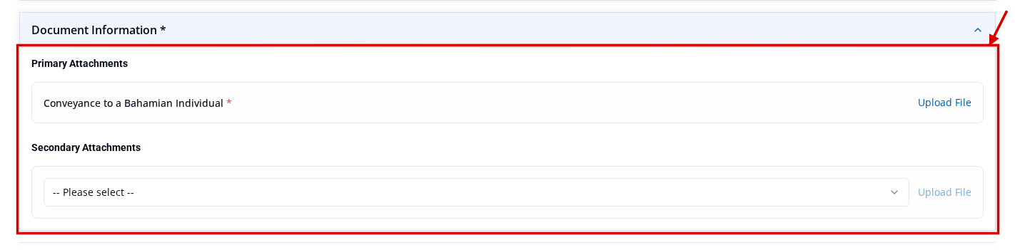 Document Information section showing where primary and secondary supporting documents can be uploaded