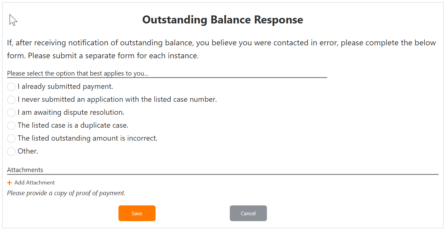 Outstanding Balance Response form with six dispute options