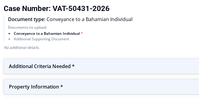 New VAT Stamp application form overview with its document, criteria, and property sections
