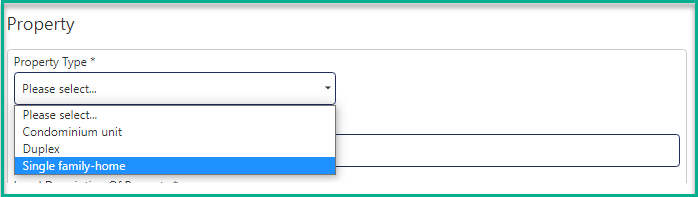 Property Type dropdown showing Condominium unit, Duplex, and Single Family Home options