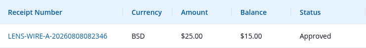 Approved wire transfer row showing a $25.00 amount and a $15.00 remaining balance