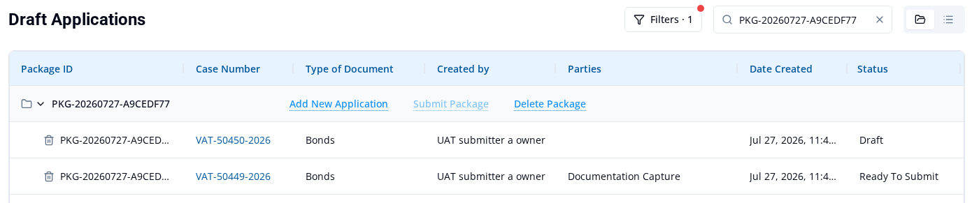 One draft package listing a Draft application and a Ready To Submit application, with Submit Package unavailable