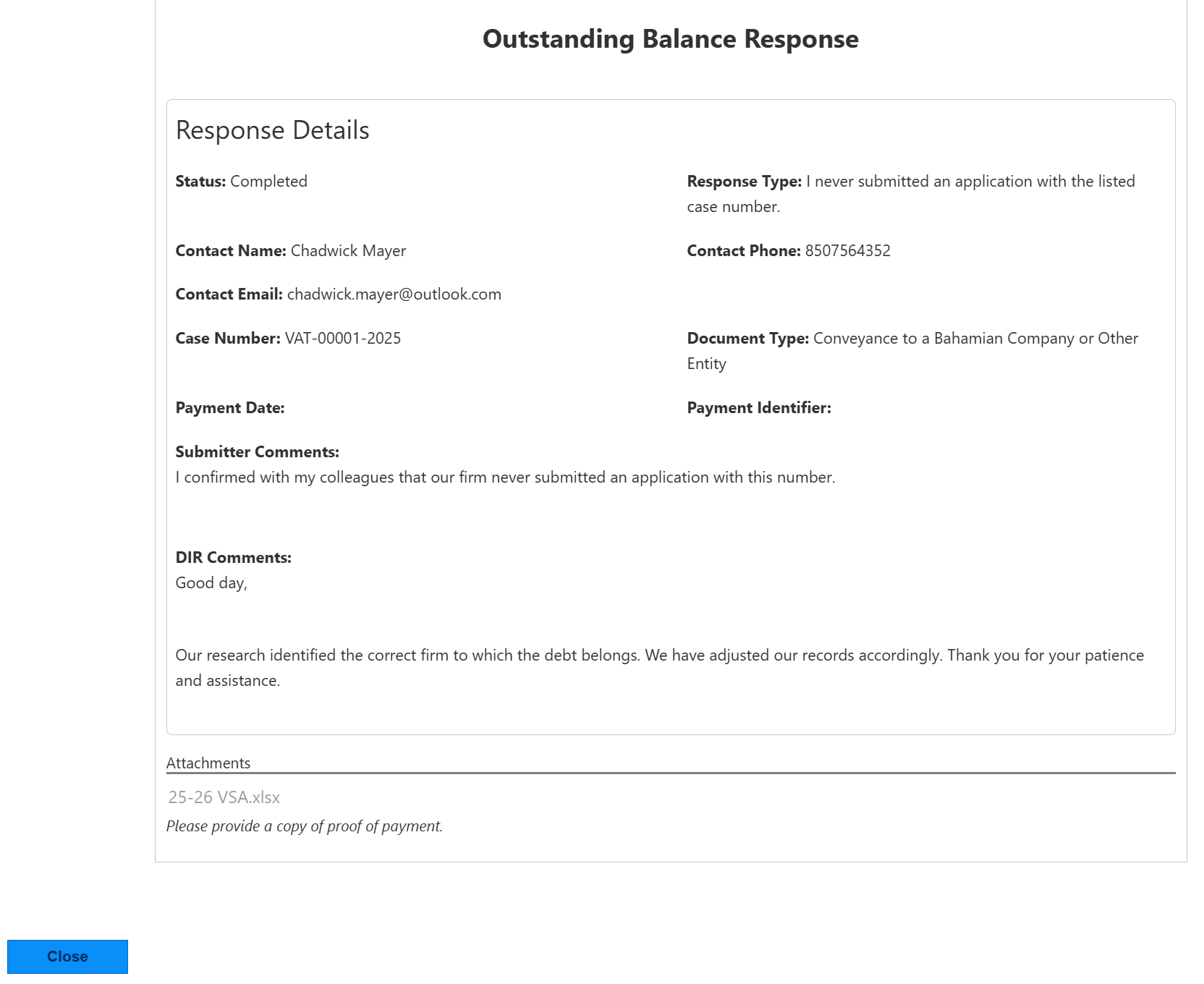 Response detail view showing all fields and DIR Comments